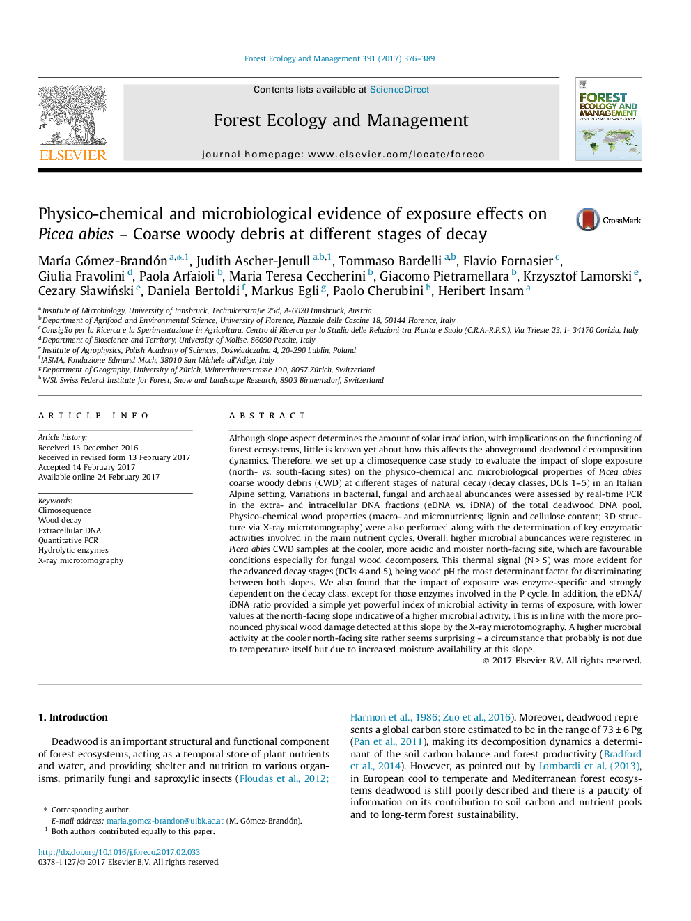 Physico-chemical and microbiological evidence of exposure effects on Picea abies - Coarse woody debris at different stages of decay