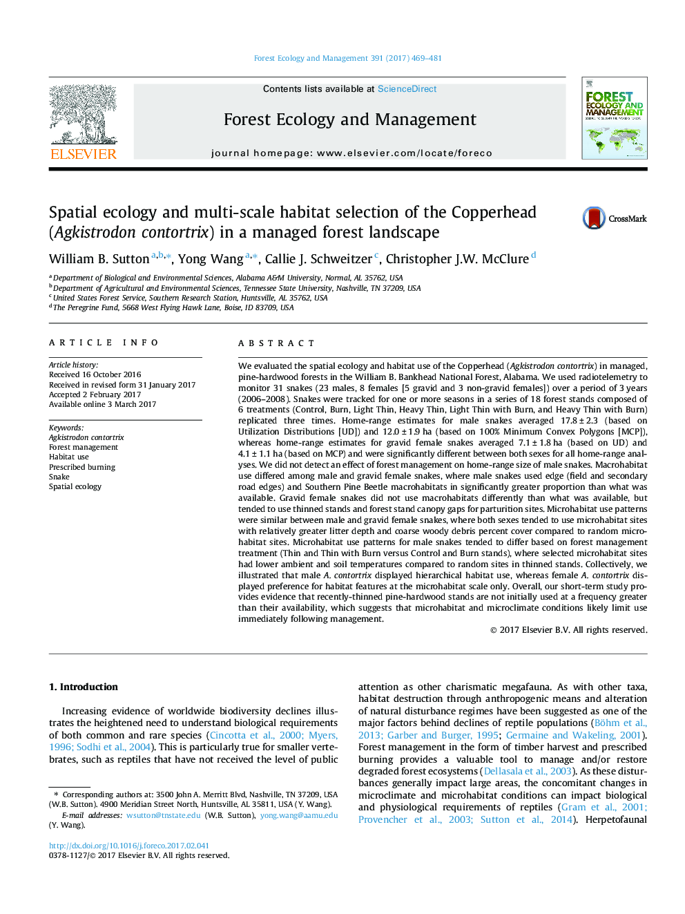 Spatial ecology and multi-scale habitat selection of the Copperhead (Agkistrodon contortrix) in a managed forest landscape