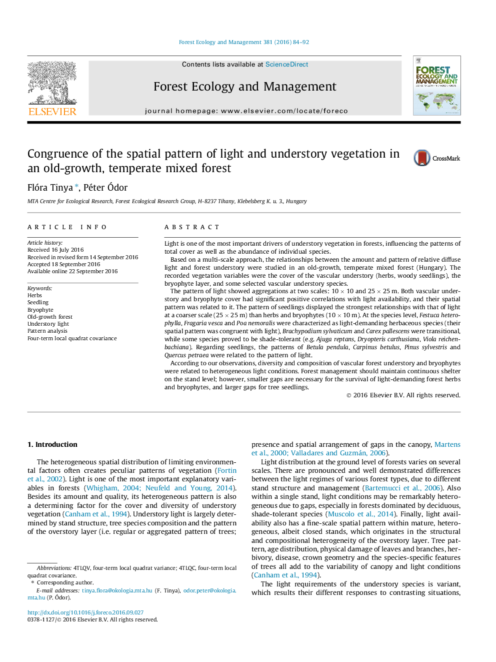 Congruence of the spatial pattern of light and understory vegetation in an old-growth, temperate mixed forest