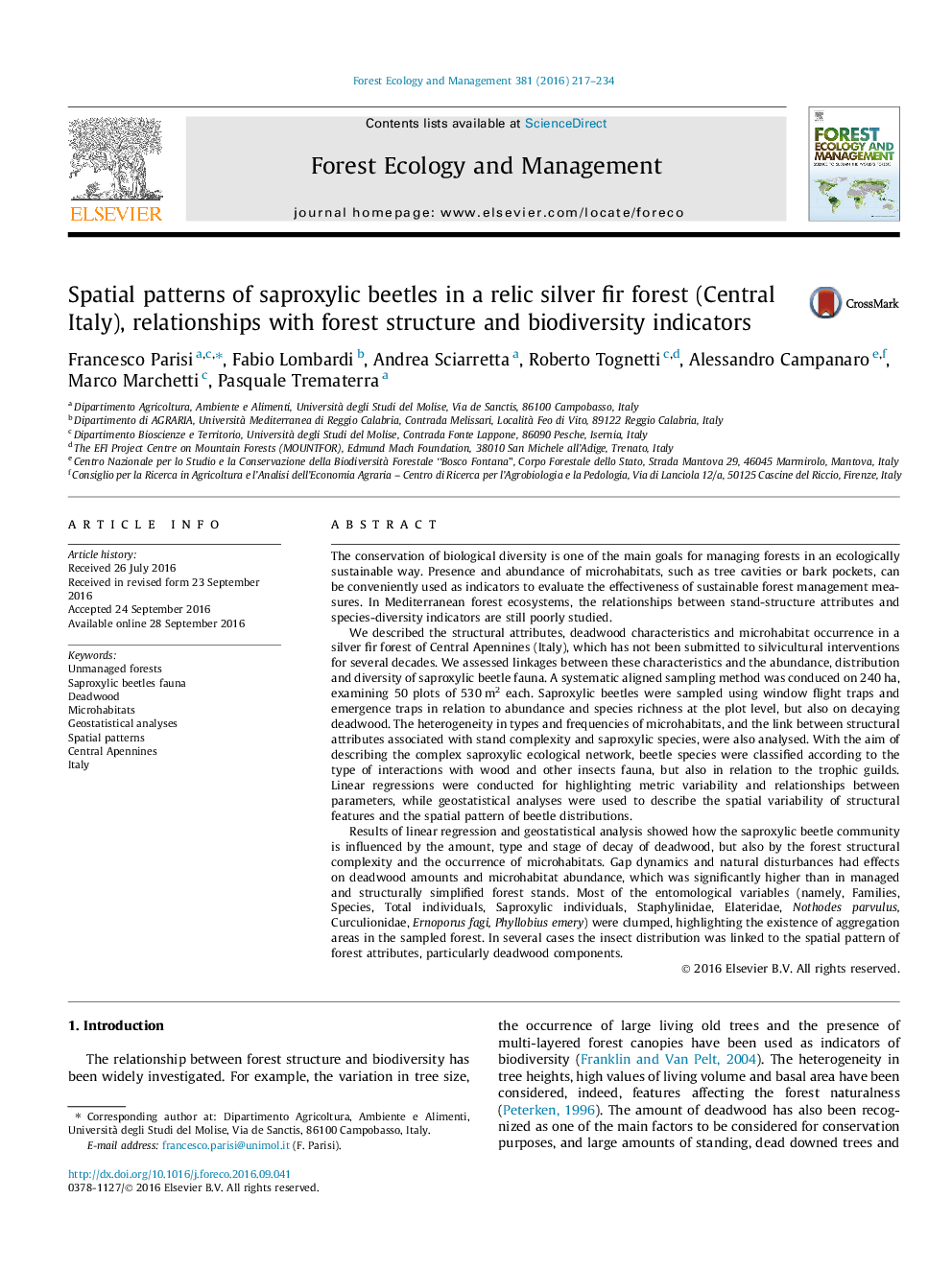 Spatial patterns of saproxylic beetles in a relic silver fir forest (Central Italy), relationships with forest structure and biodiversity indicators