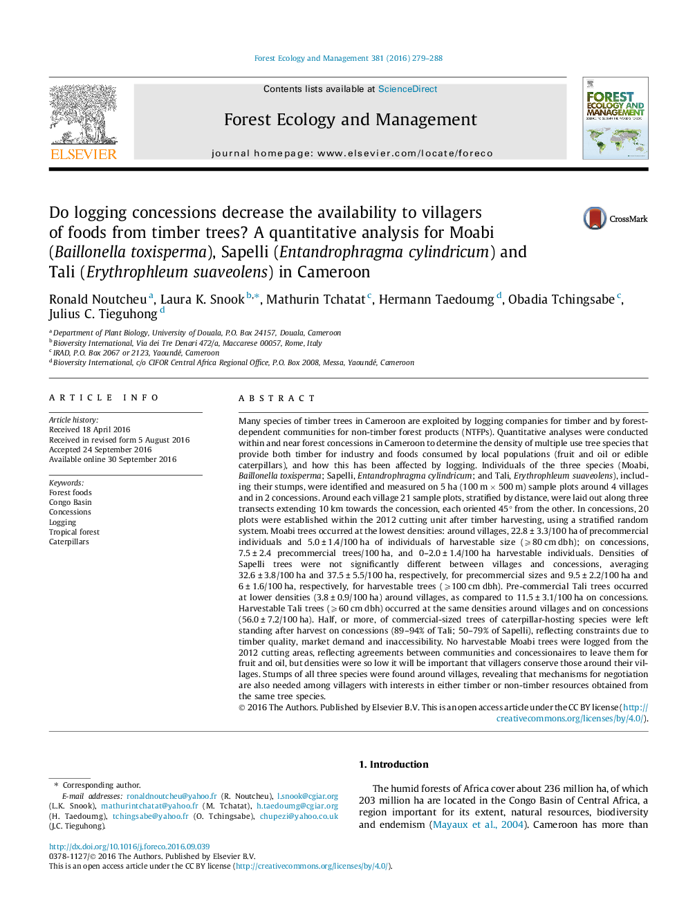 Do logging concessions decrease the availability to villagers of foods from timber trees? A quantitative analysis for Moabi (Baillonella toxisperma), Sapelli (Entandrophragma cylindricum) and Tali (Erythrophleum suaveolens) in Cameroon