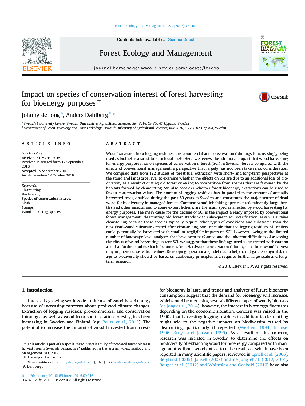 Impact on species of conservation interest of forest harvesting for bioenergy purposes