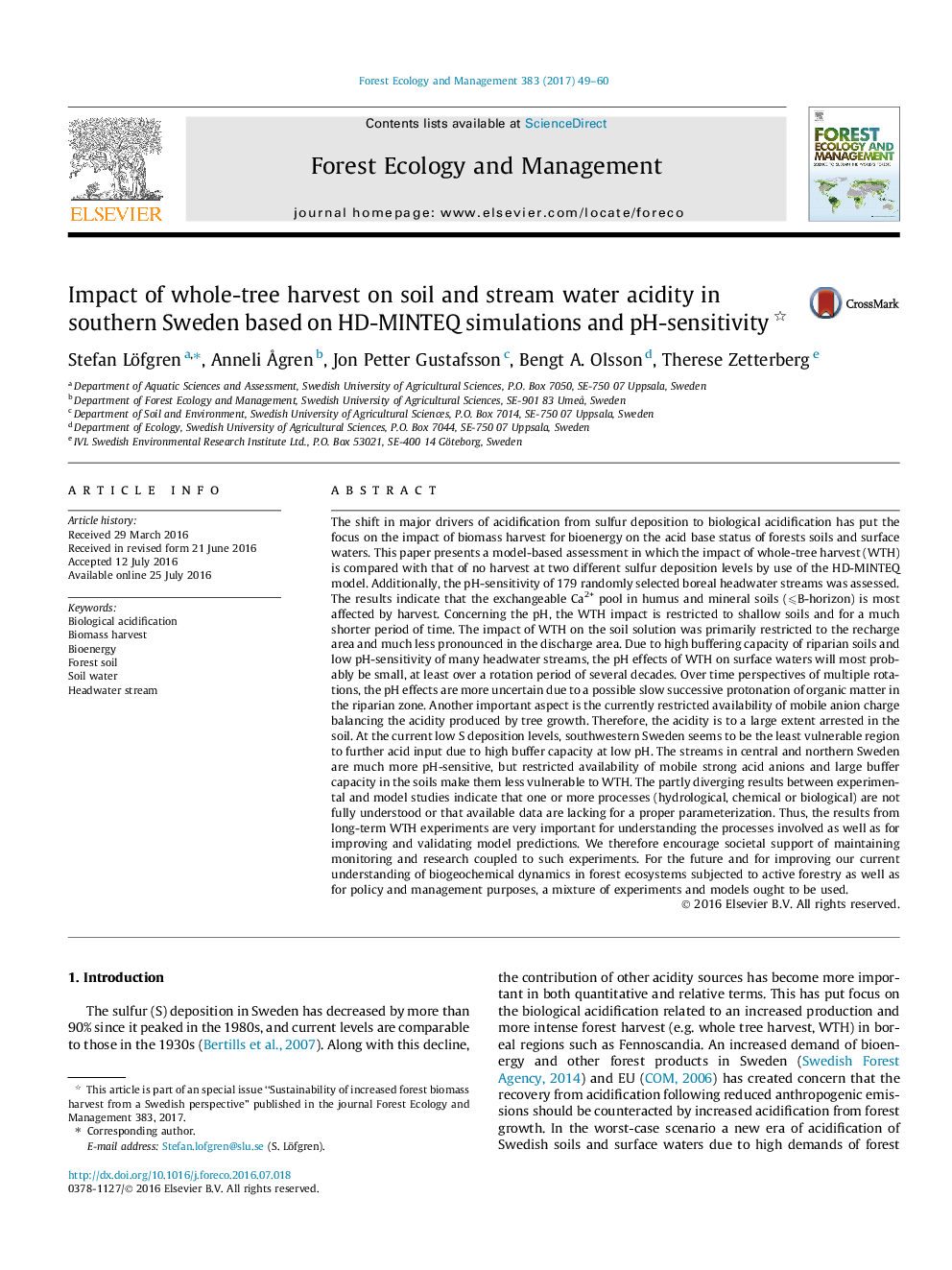 Impact of whole-tree harvest on soil and stream water acidity in southern Sweden based on HD-MINTEQ simulations and pH-sensitivity