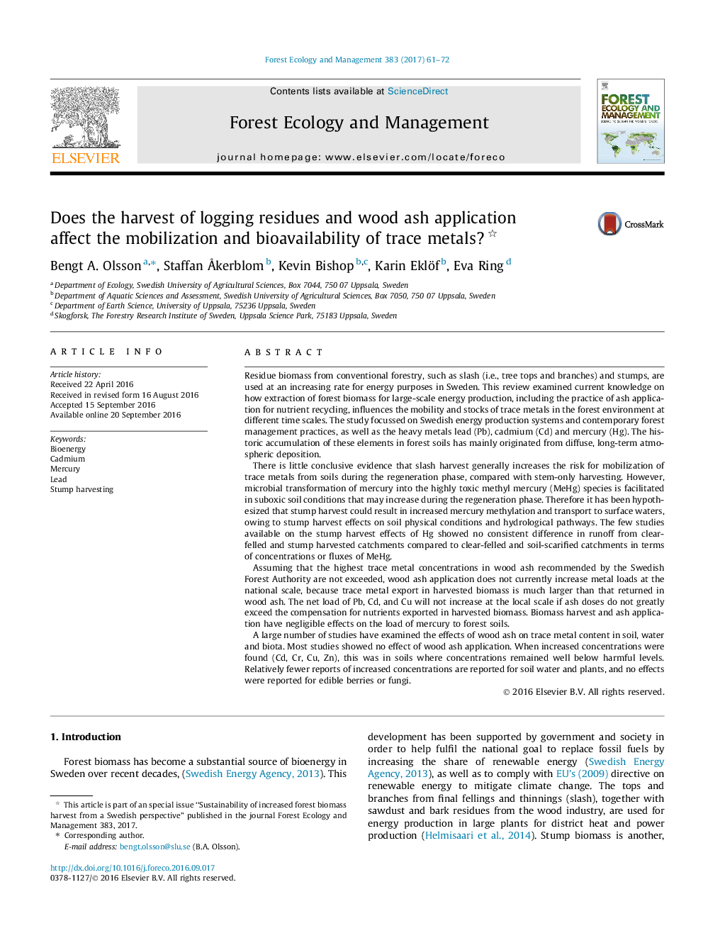 Does the harvest of logging residues and wood ash application affect the mobilization and bioavailability of trace metals?