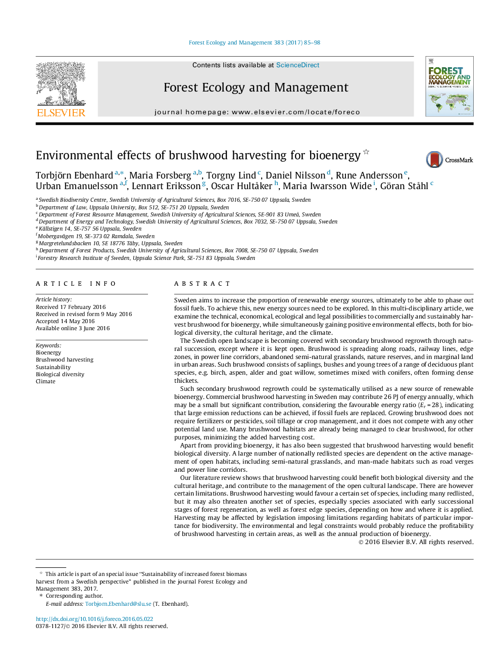 Environmental effects of brushwood harvesting for bioenergy