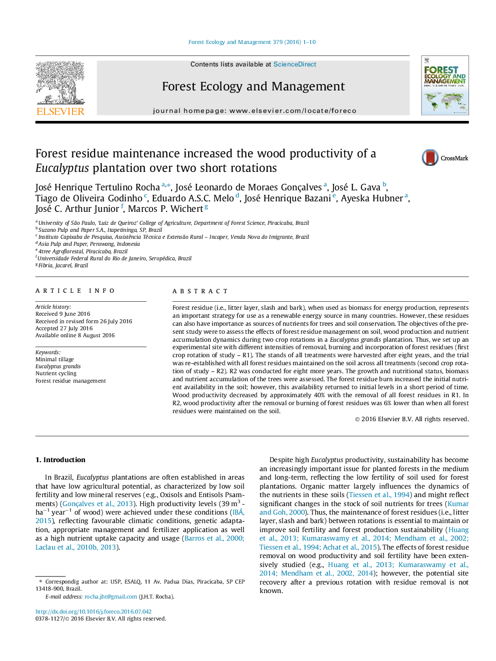 Forest residue maintenance increased the wood productivity of a Eucalyptus plantation over two short rotations