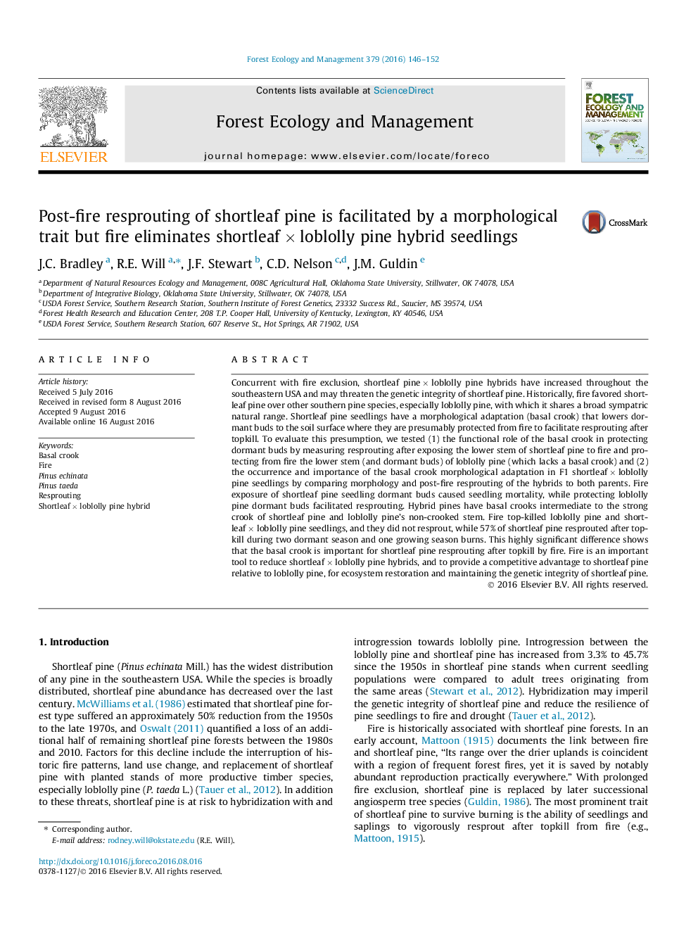 Post-fire resprouting of shortleaf pine is facilitated by a morphological trait but fire eliminates shortleafÂ ÃÂ loblolly pine hybrid seedlings