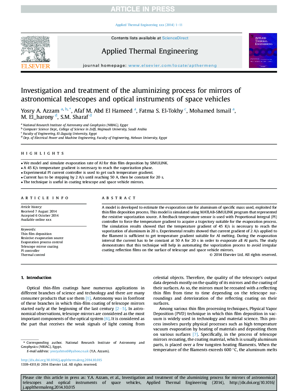 Investigation and treatment of the aluminizing process for mirrors of astronomical telescopes and optical instruments of space vehicles