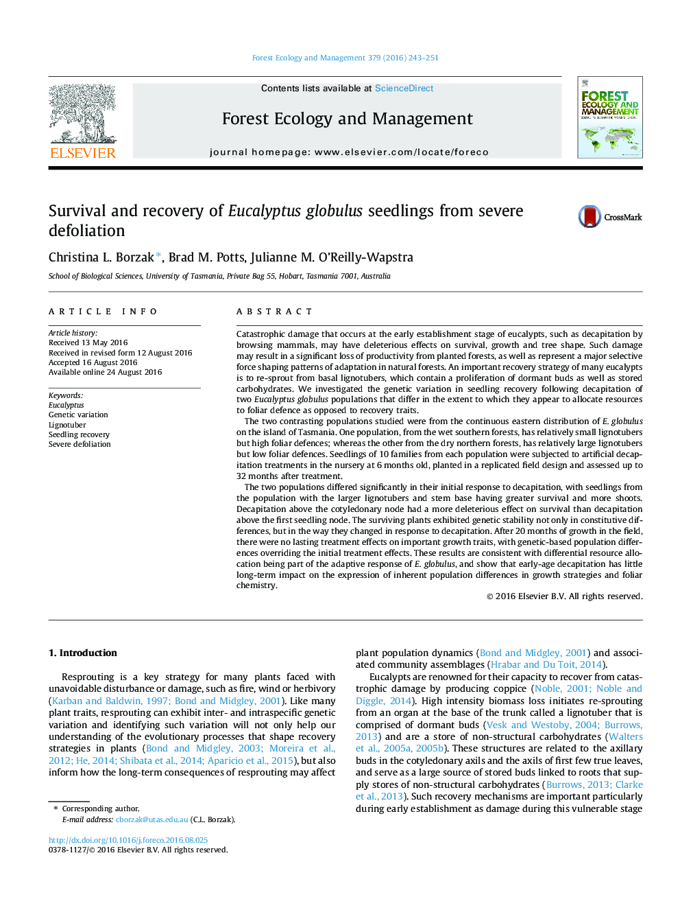 Survival and recovery of Eucalyptus globulus seedlings from severe defoliation