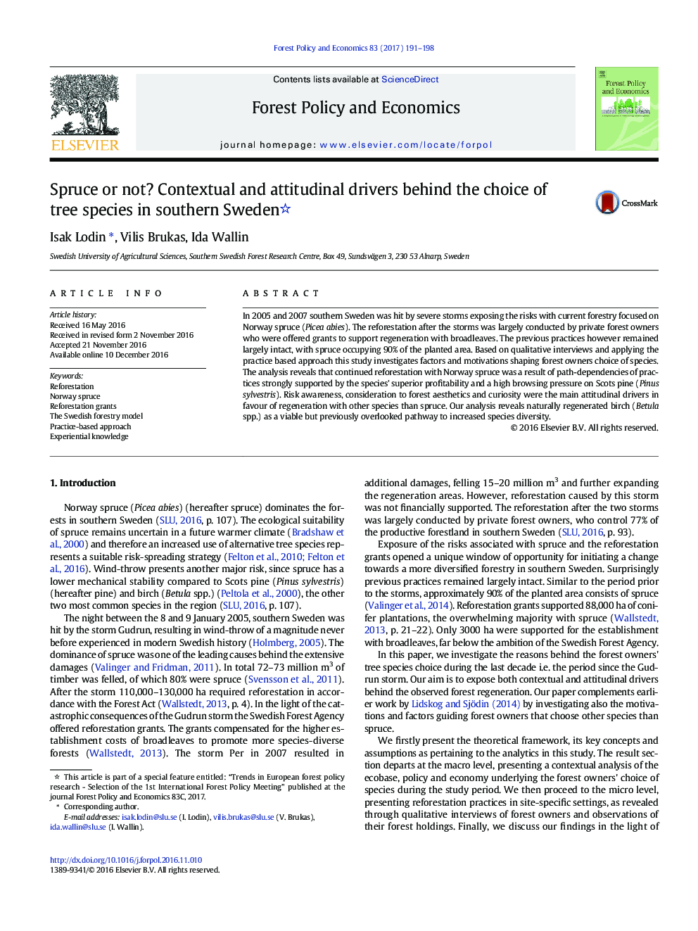 Spruce or not? Contextual and attitudinal drivers behind the choice of tree species in southern Sweden