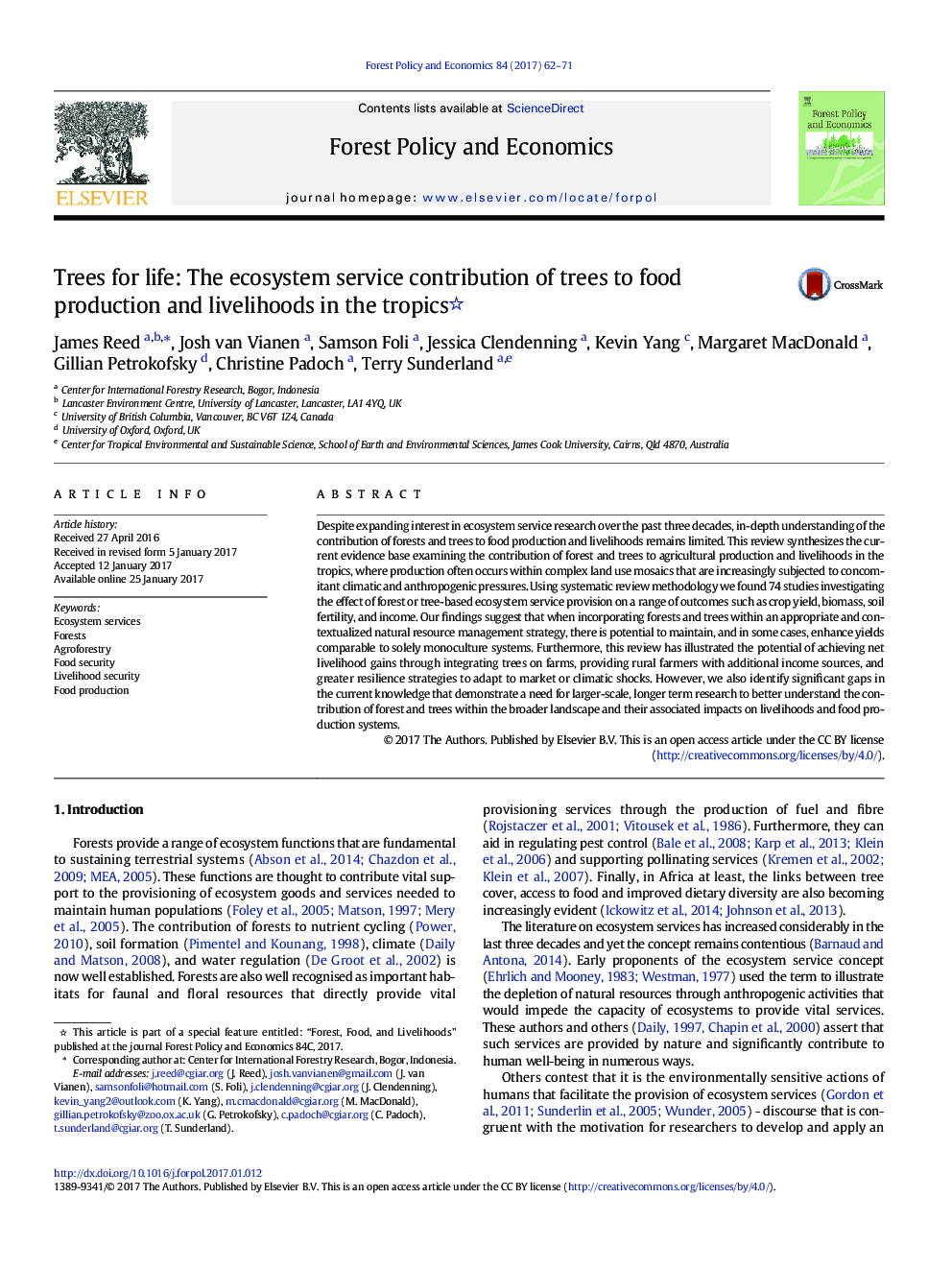 Trees for life: The ecosystem service contribution of trees to food production and livelihoods in the tropics