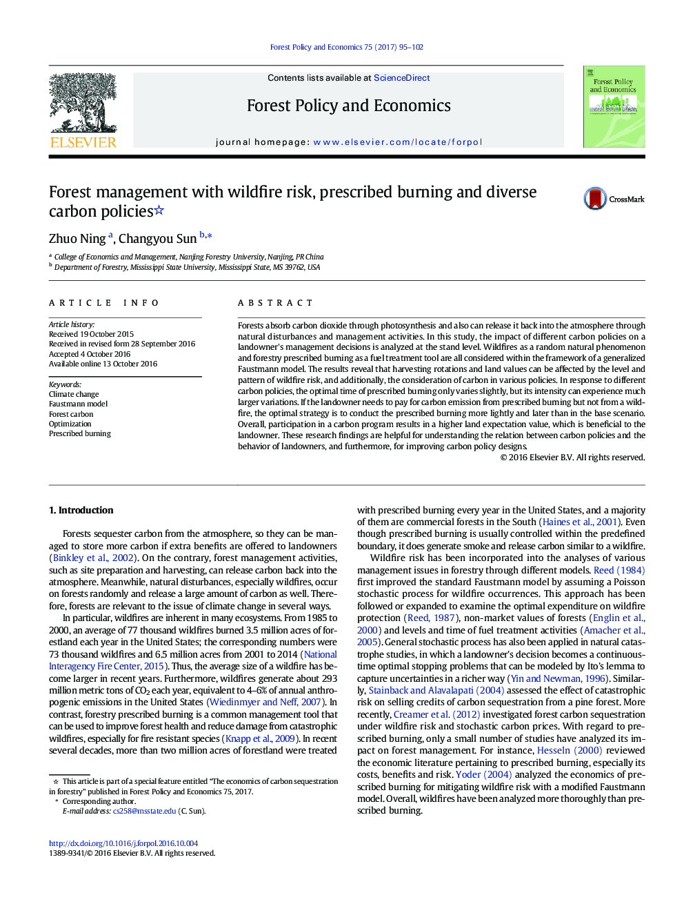 Forest management with wildfire risk, prescribed burning and diverse carbon policies