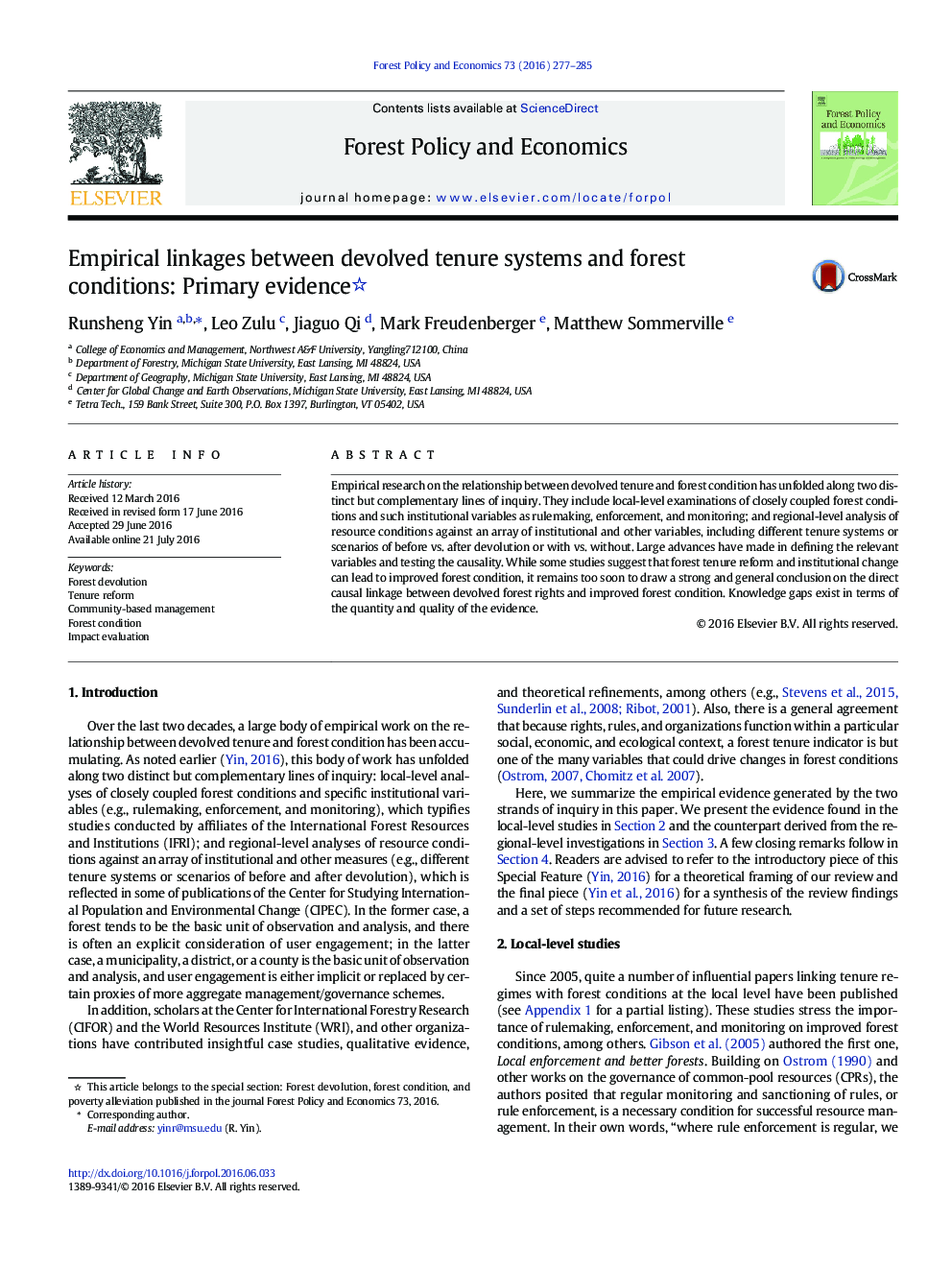 Empirical linkages between devolved tenure systems and forest conditions: Primary evidence