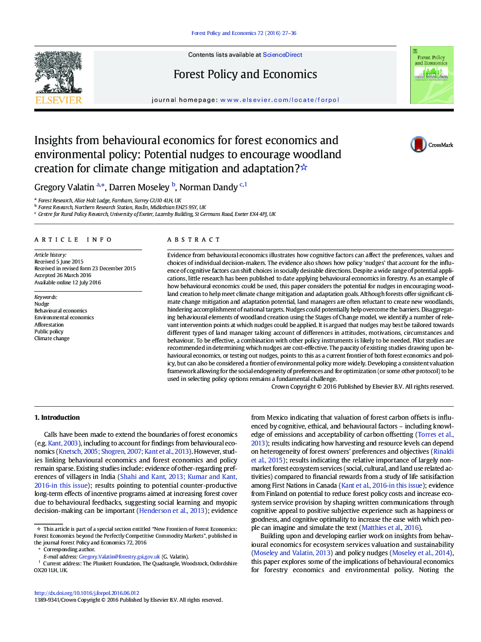 Insights from behavioural economics for forest economics and environmental policy: Potential nudges to encourage woodland creation for climate change mitigation and adaptation?