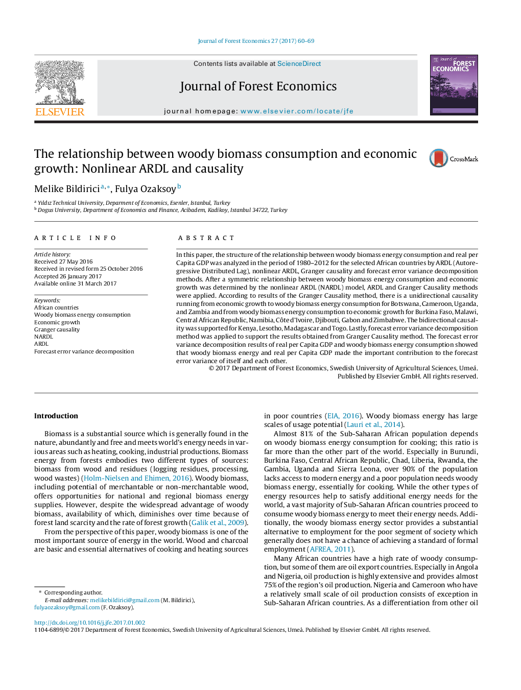 The relationship between woody biomass consumption and economic growth: Nonlinear ARDL and causality