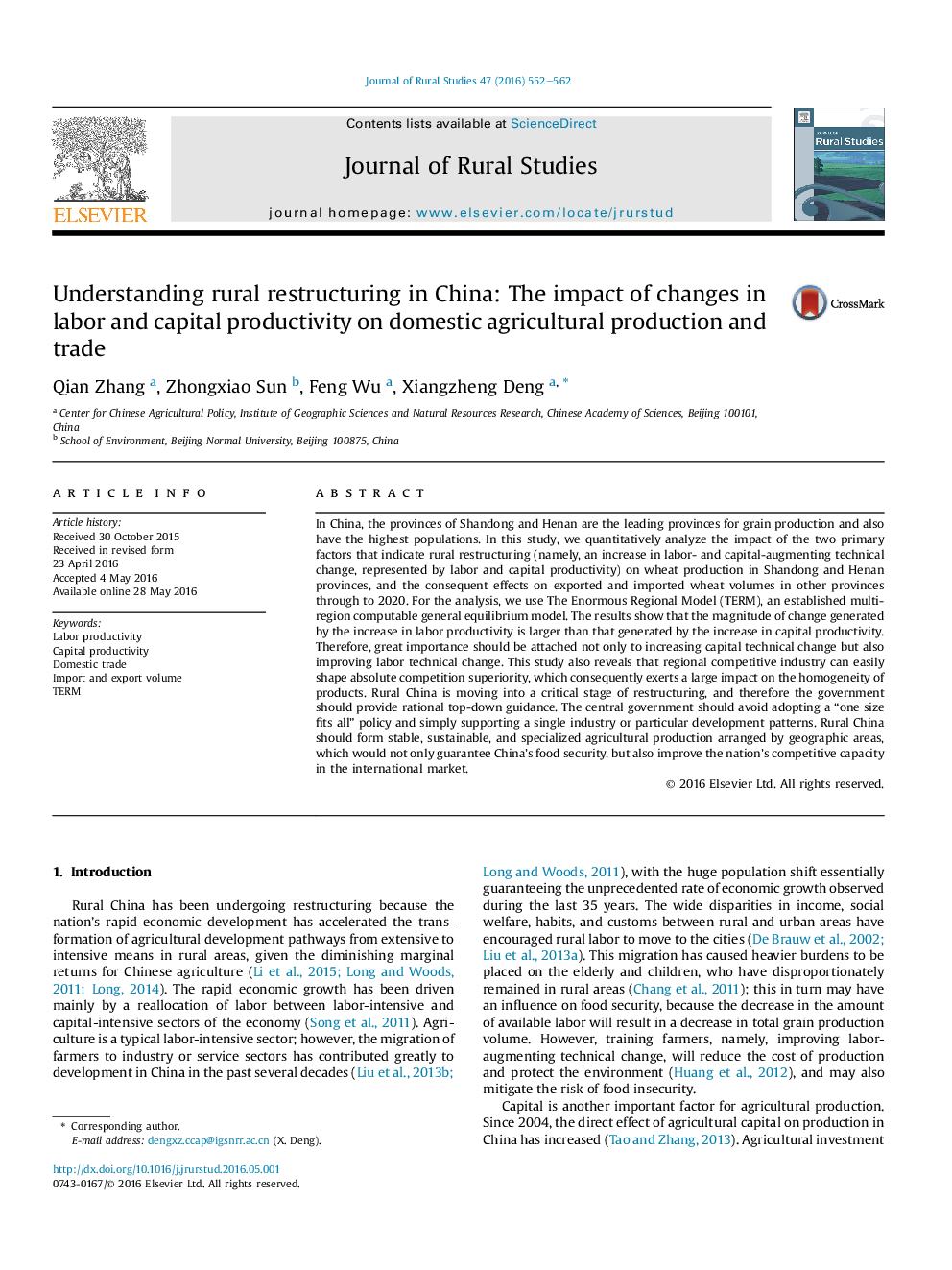 Understanding rural restructuring in China: The impact of changes in labor and capital productivity on domestic agricultural production and trade