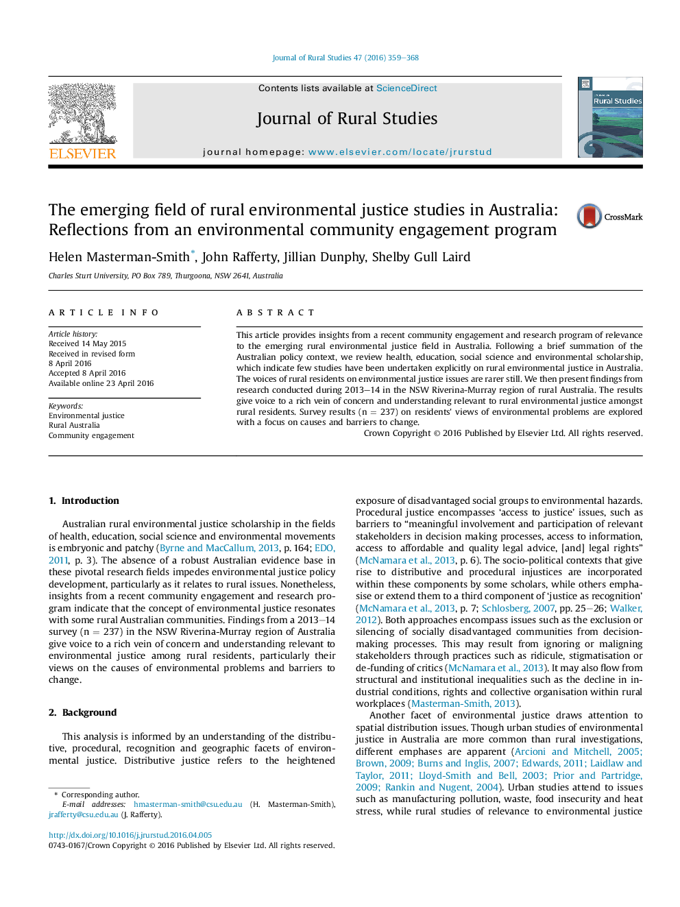 The emerging field of rural environmental justice studies in Australia: Reflections from an environmental community engagement program