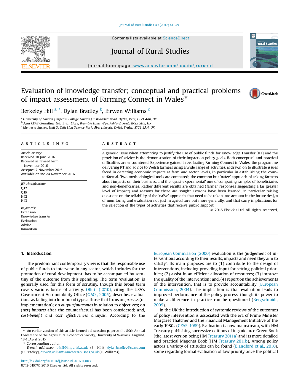 Evaluation of knowledge transfer; conceptual and practical problems of impact assessment of Farming Connect in Wales