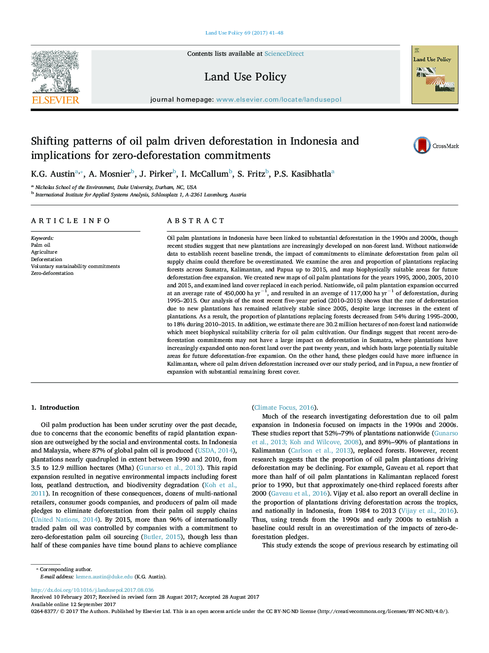 Shifting patterns of oil palm driven deforestation in Indonesia and implications for zero-deforestation commitments