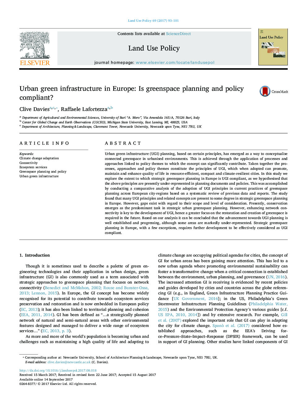 Urban green infrastructure in Europe: Is greenspace planning and policy compliant?