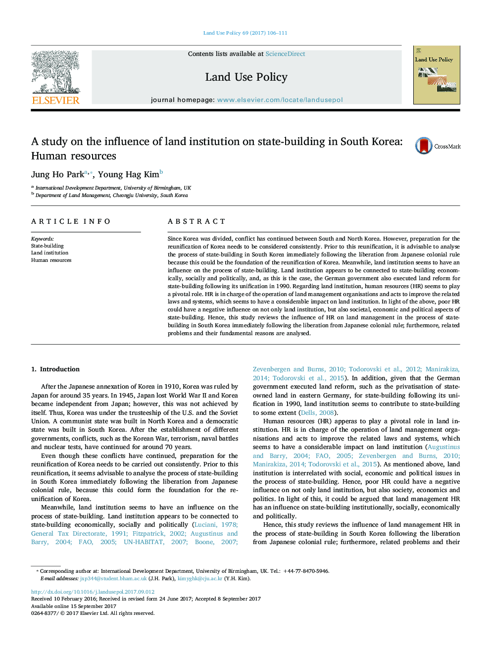 A study on the influence of land institution on state-building in South Korea: Human resources