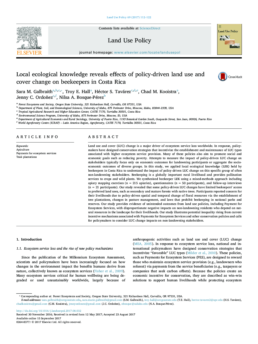 Local ecological knowledge reveals effects of policy-driven land use and cover change on beekeepers in Costa Rica