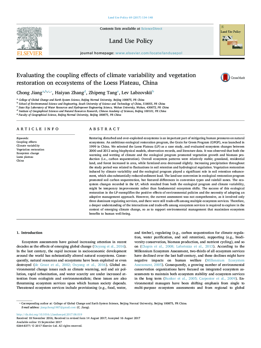 Evaluating the coupling effects of climate variability and vegetation restoration on ecosystems of the Loess Plateau, China