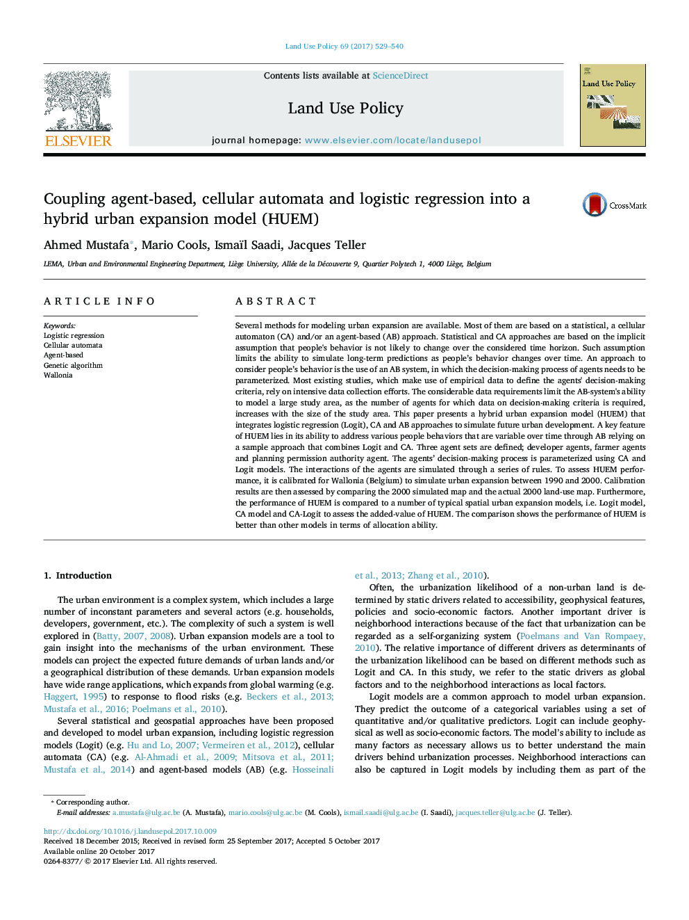 Coupling agent-based, cellular automata and logistic regression into a hybrid urban expansion model (HUEM)