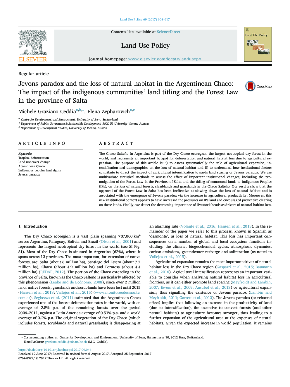 Jevons paradox and the loss of natural habitat in the Argentinean Chaco: The impact of the indigenous communities' land titling and the Forest Law in the province of Salta
