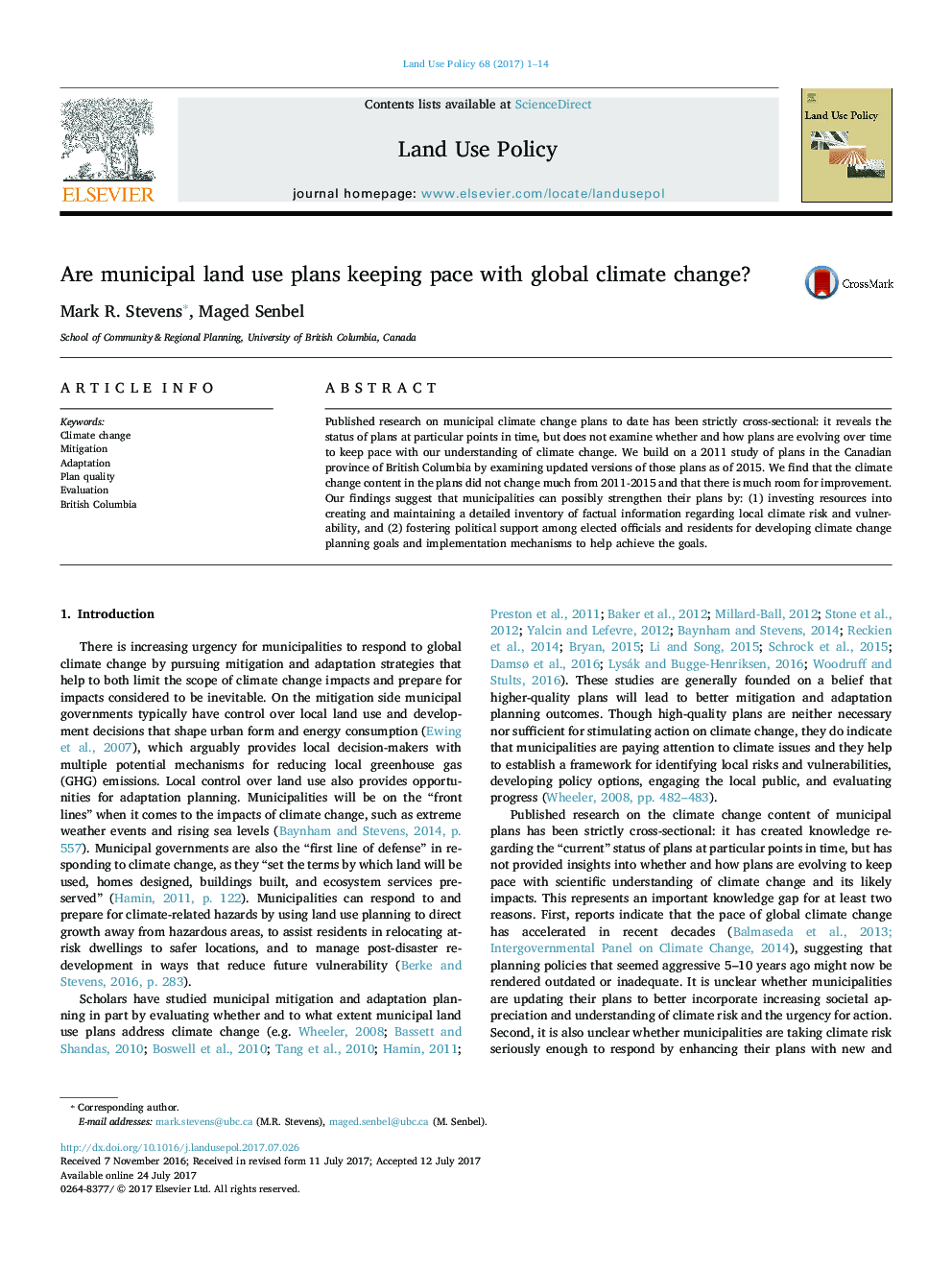 Are municipal land use plans keeping pace with global climate change?