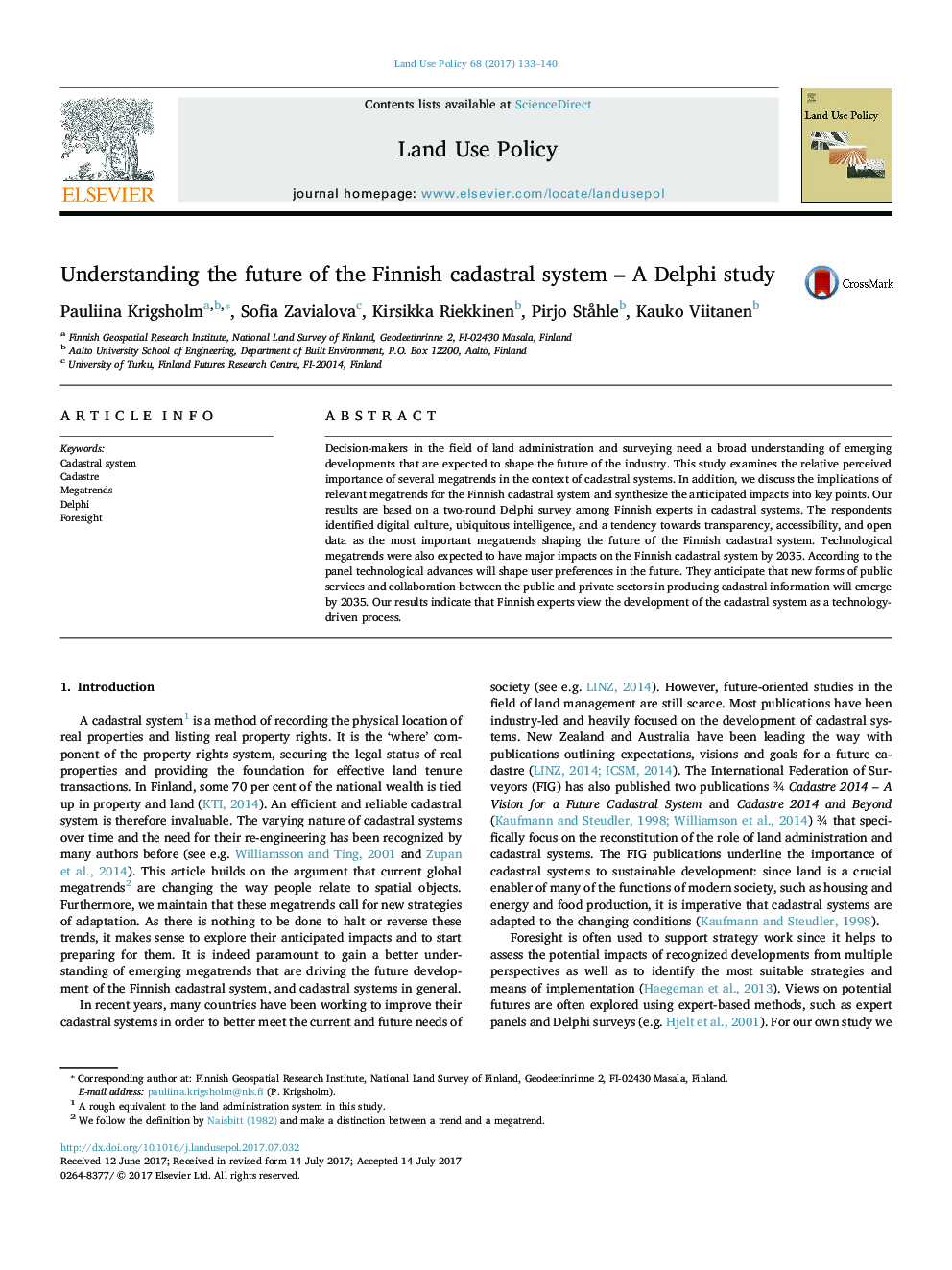 Understanding the future of the Finnish cadastral system - A Delphi study