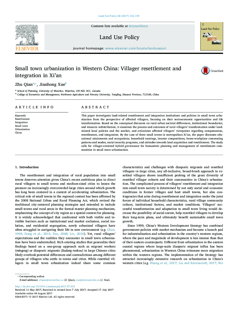 Small town urbanization in Western China: Villager resettlement and integration in Xi'an