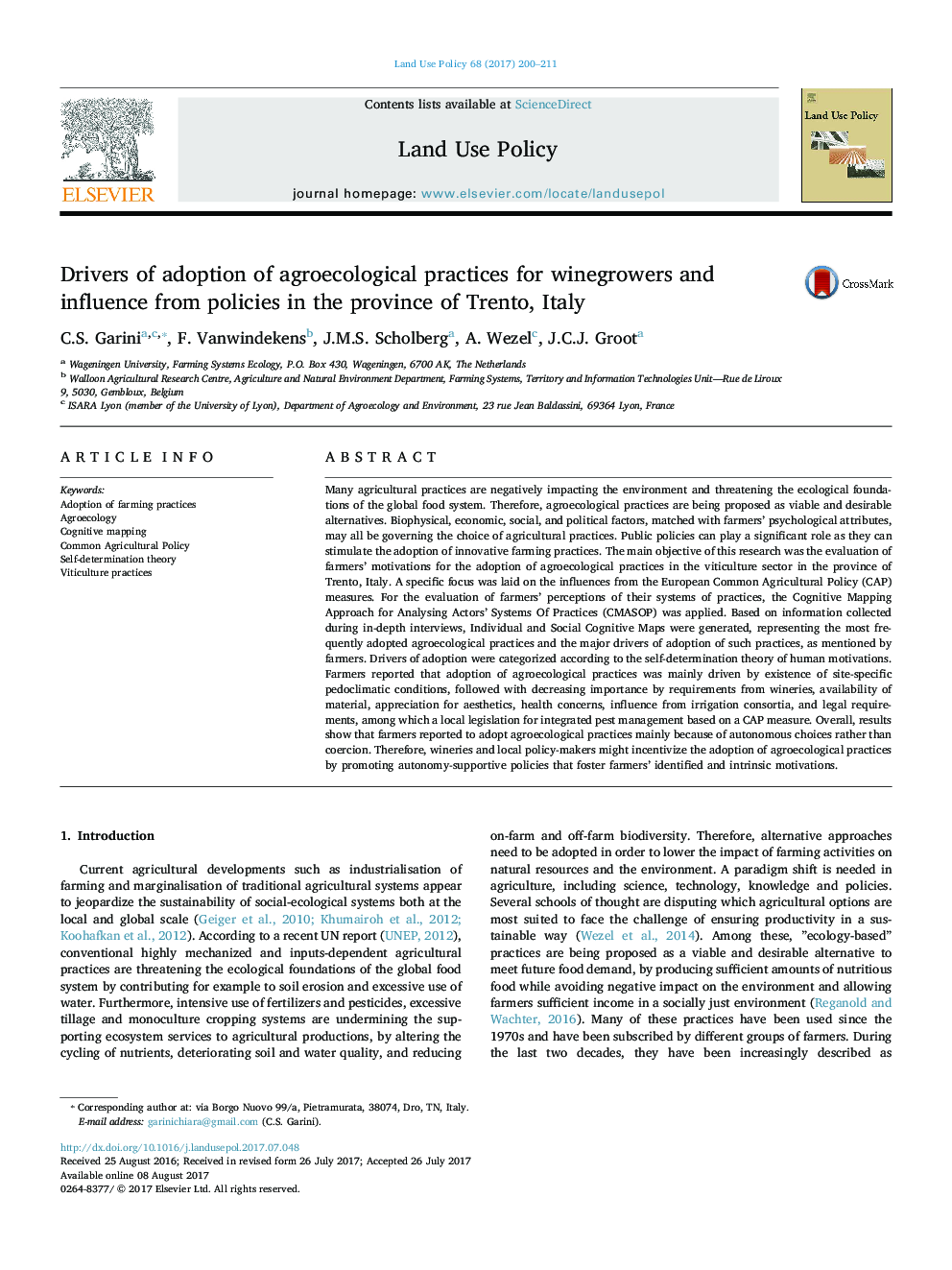 Drivers of adoption of agroecological practices for winegrowers and influence from policies in the province of Trento, Italy