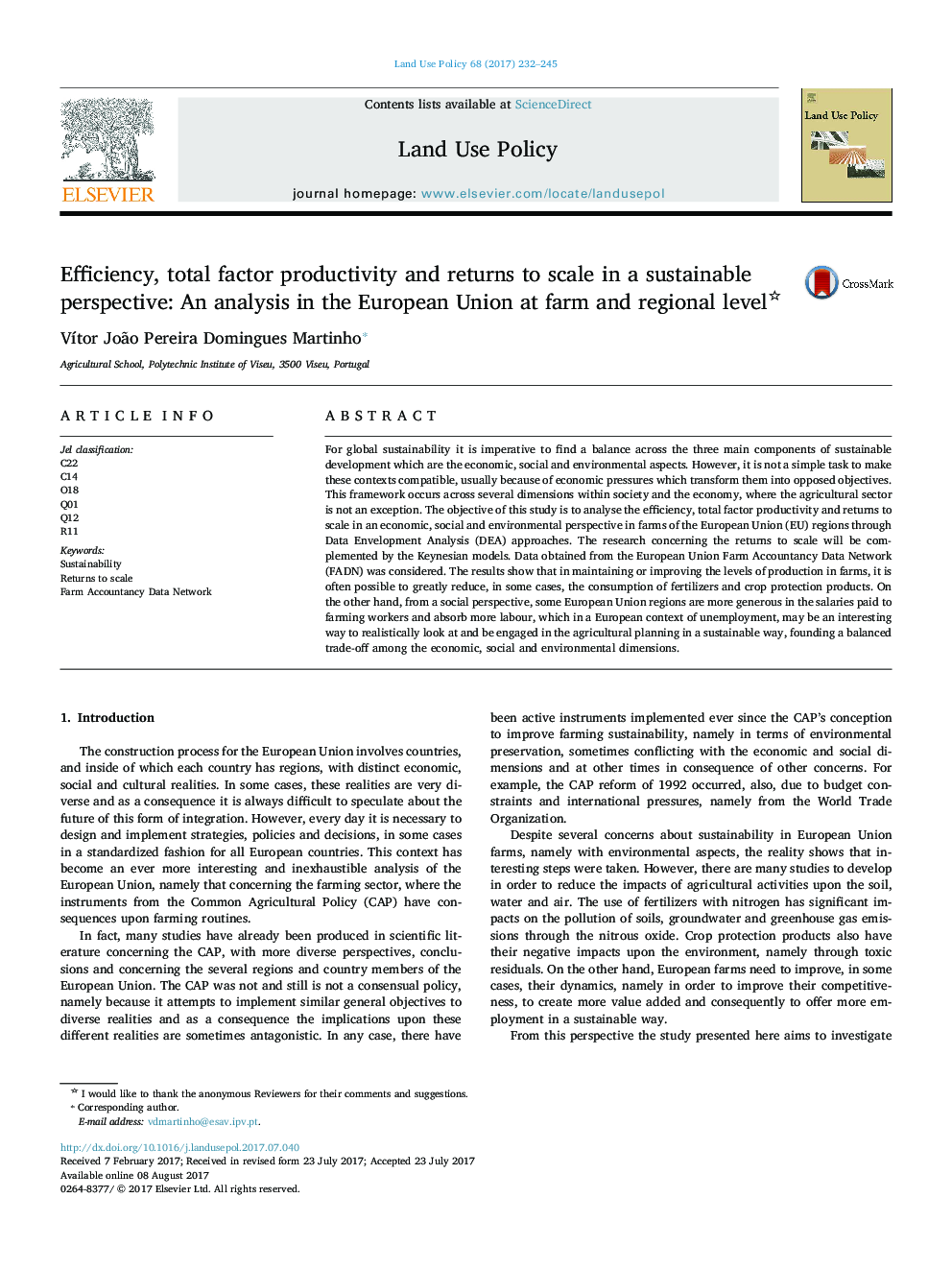 Efficiency, total factor productivity and returns to scale in a sustainable perspective: An analysis in the European Union at farm and regional level