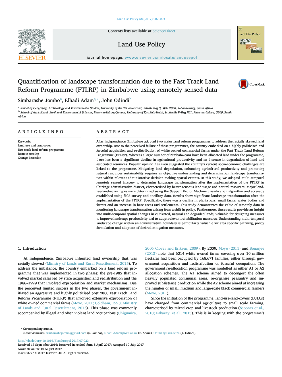 Quantification of landscape transformation due to the Fast Track Land Reform Programme (FTLRP) in Zimbabwe using remotely sensed data