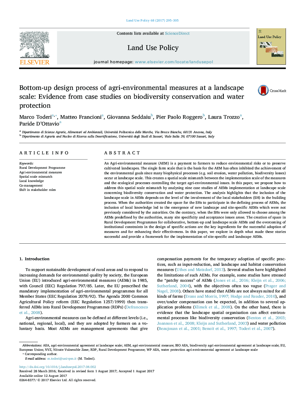 Bottom-up design process of agri-environmental measures at a landscape scale: Evidence from case studies on biodiversity conservation and water protection