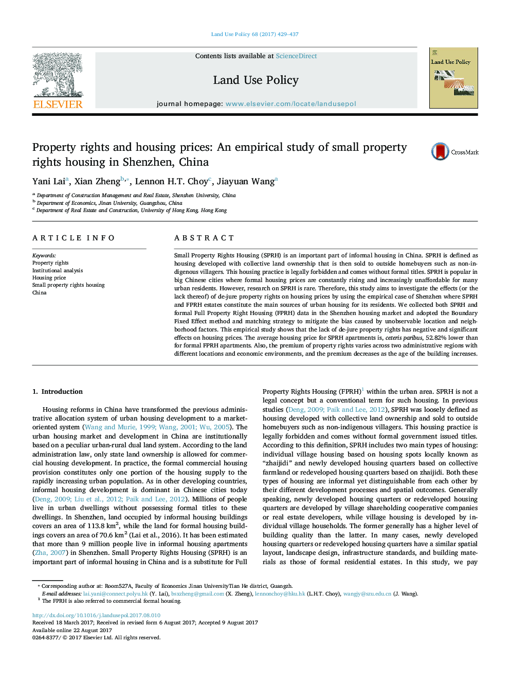 Property rights and housing prices: An empirical study of small property rights housing in Shenzhen, China