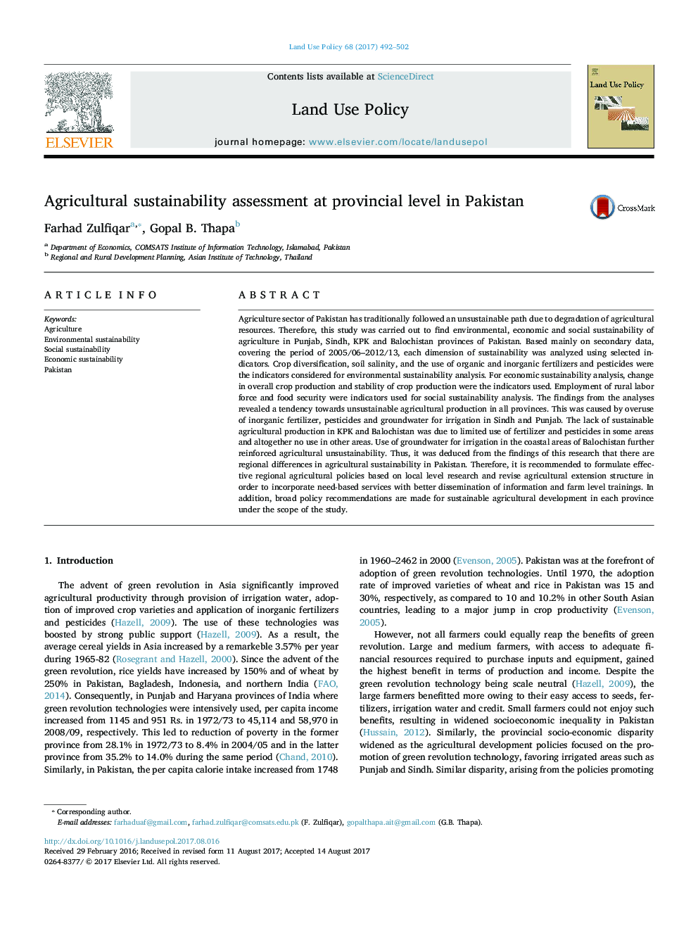 Agricultural sustainability assessment at provincial level in Pakistan