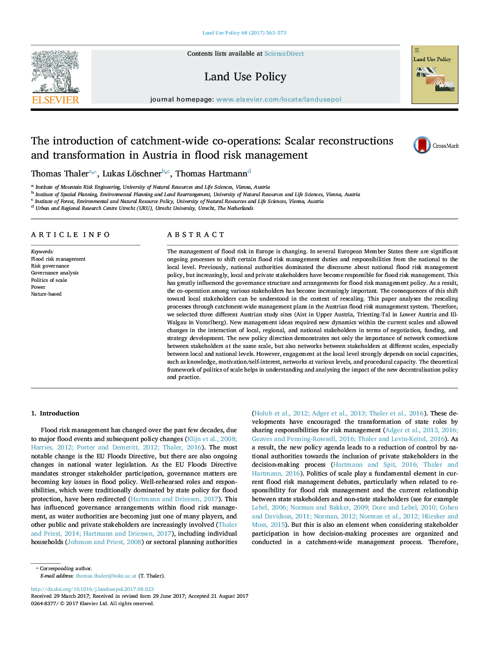 The introduction of catchment-wide co-operations: Scalar reconstructions and transformation in Austria in flood risk management