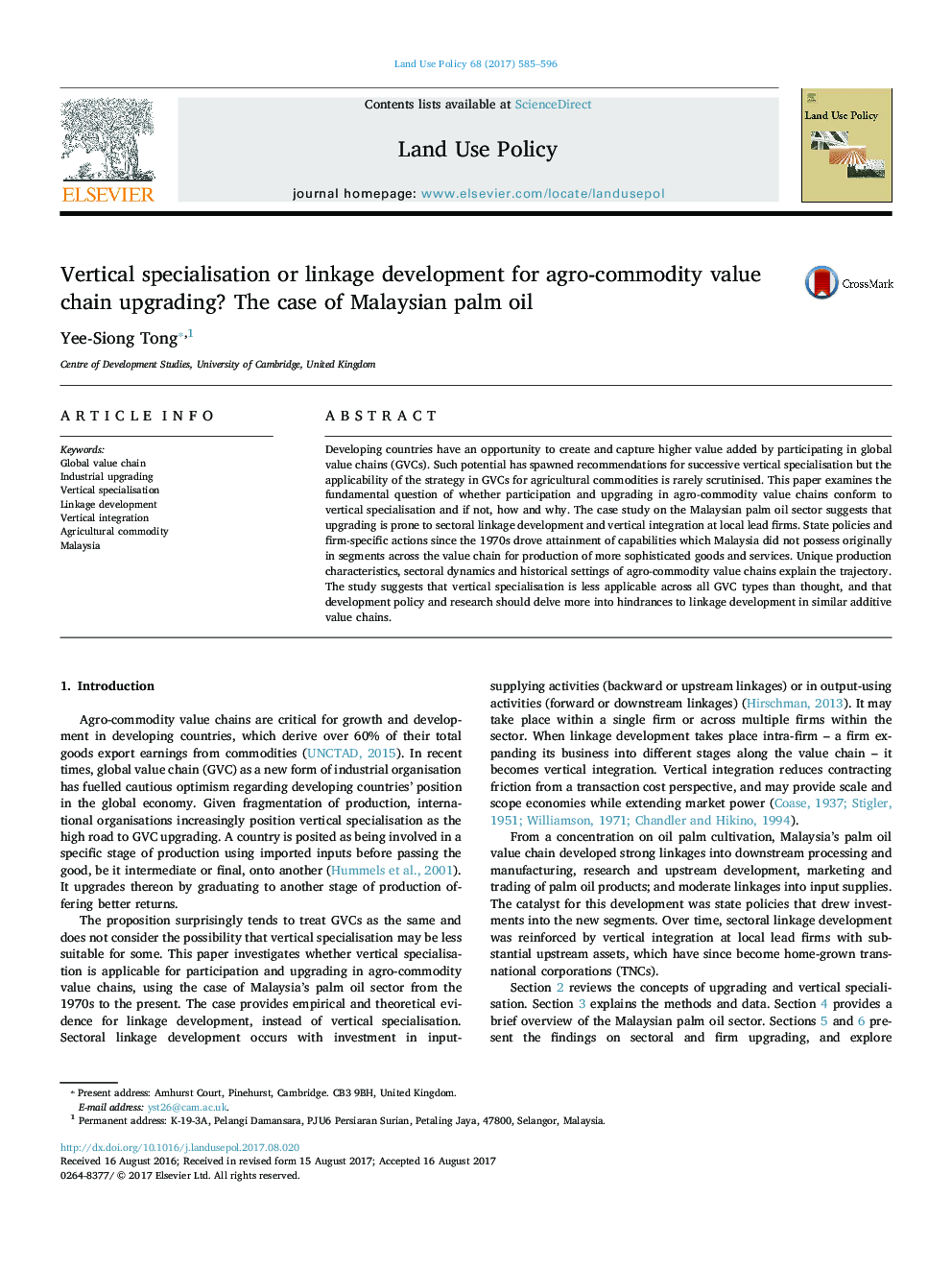 Vertical specialisation or linkage development for agro-commodity value chain upgrading? The case of Malaysian palm oil