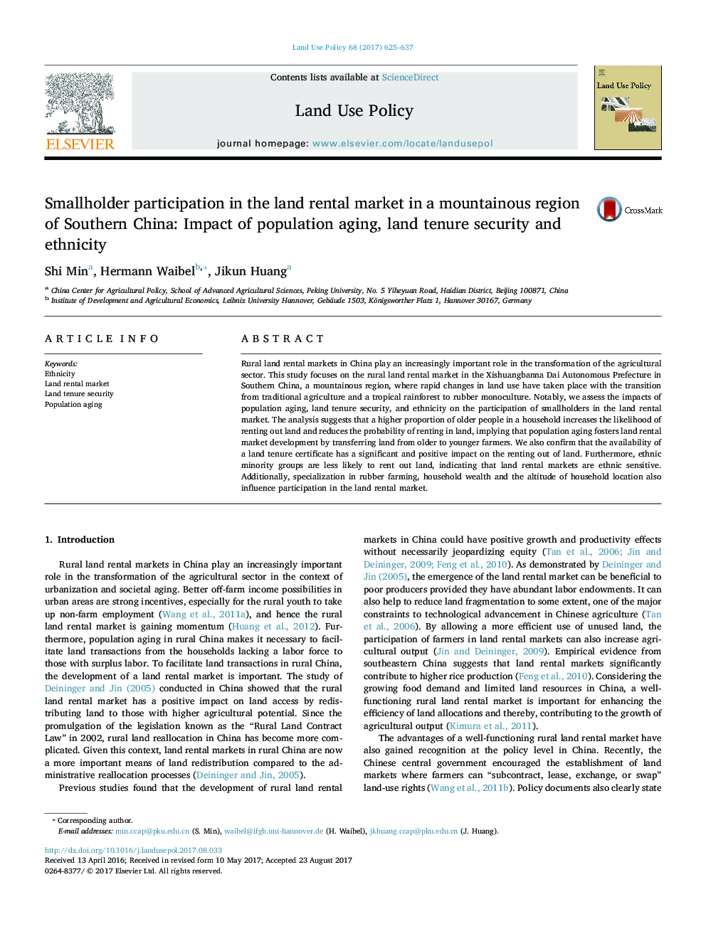 Smallholder participation in the land rental market in a mountainous region of Southern China: Impact of population aging, land tenure security and ethnicity