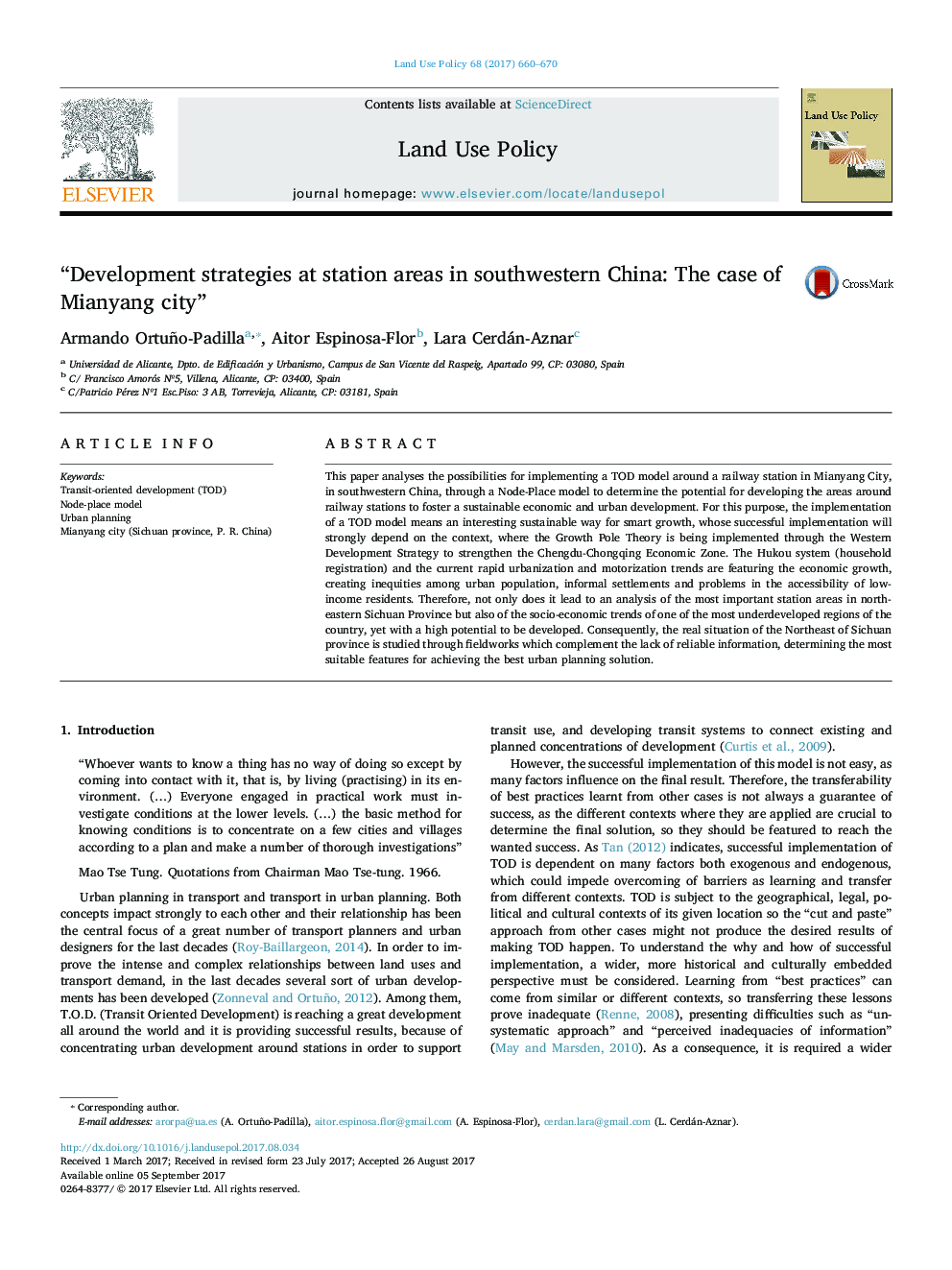 “Development strategies at station areas in southwestern China: The case of Mianyang city”