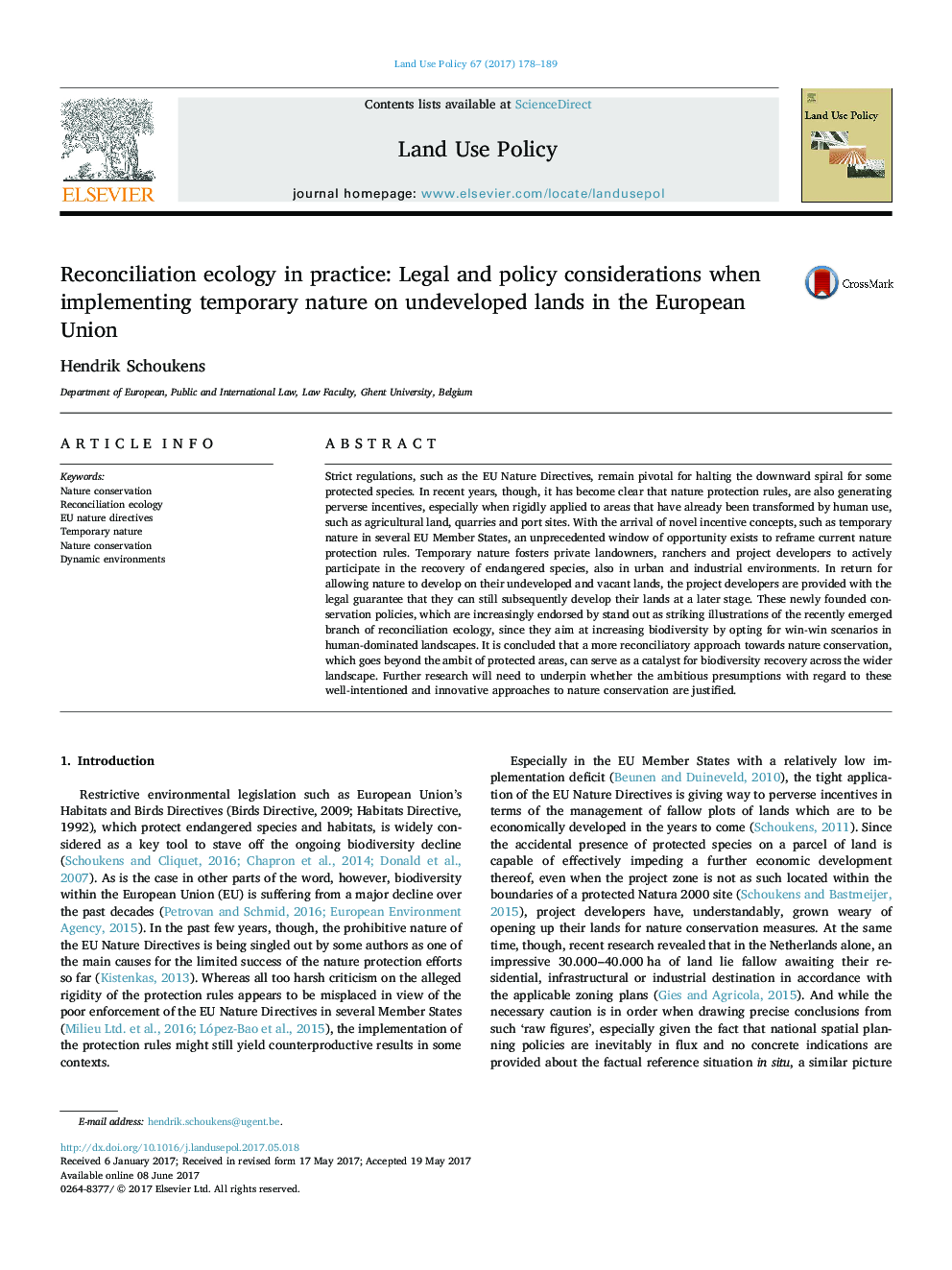 Reconciliation ecology in practice: Legal and policy considerations when implementing temporary nature on undeveloped lands in the European Union