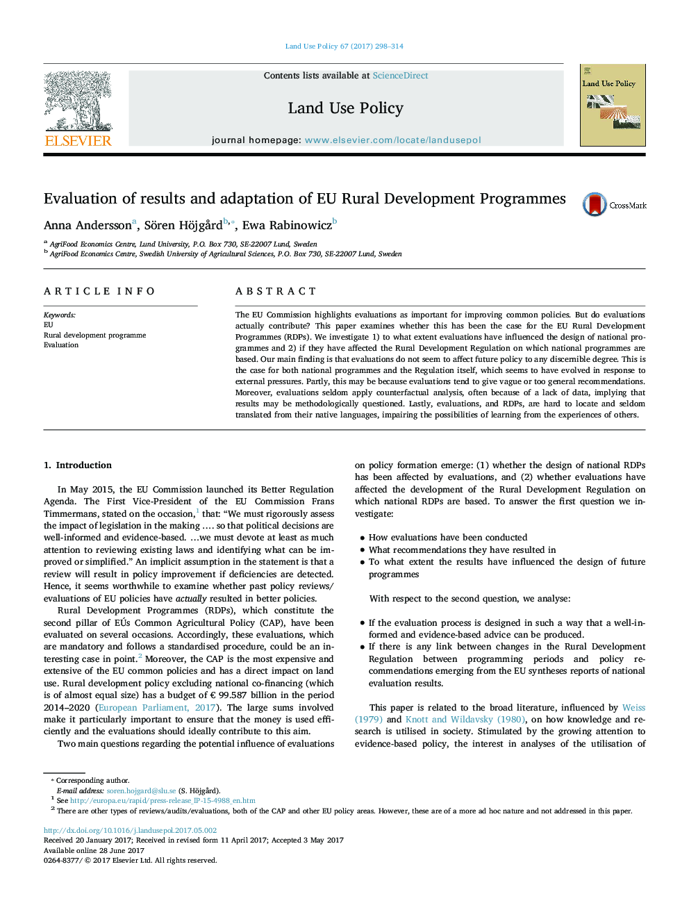 Evaluation of results and adaptation of EU Rural Development Programmes