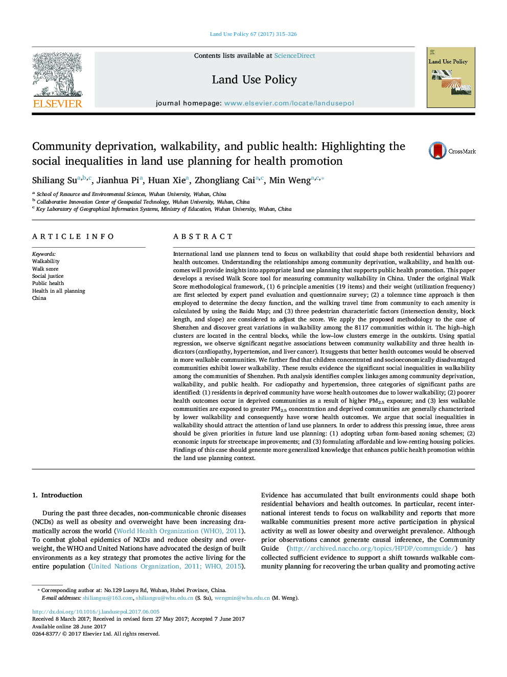 Community deprivation, walkability, and public health: Highlighting the social inequalities in land use planning for health promotion