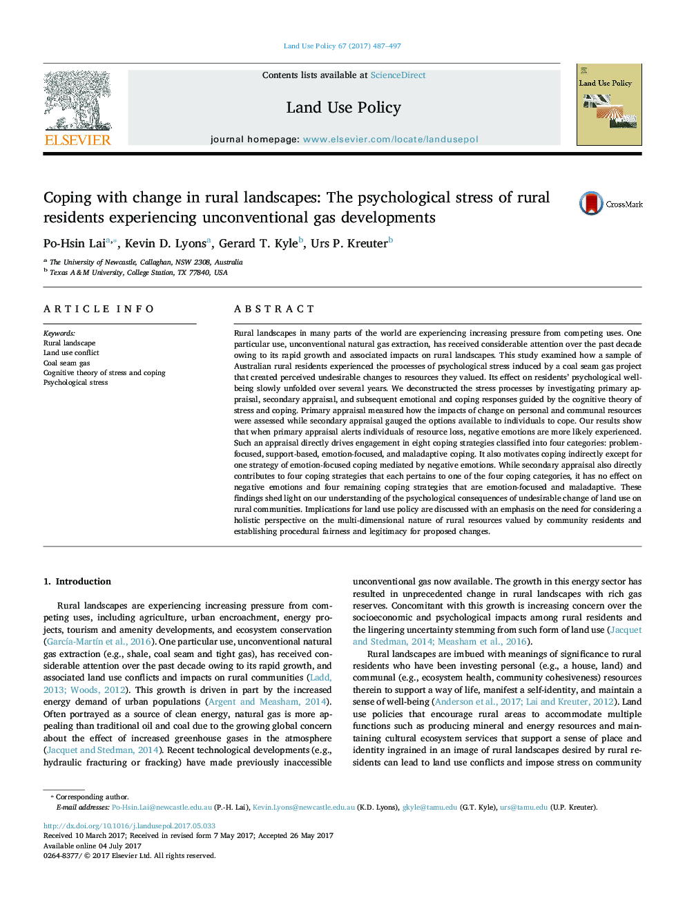 Coping with change in rural landscapes: The psychological stress of rural residents experiencing unconventional gas developments