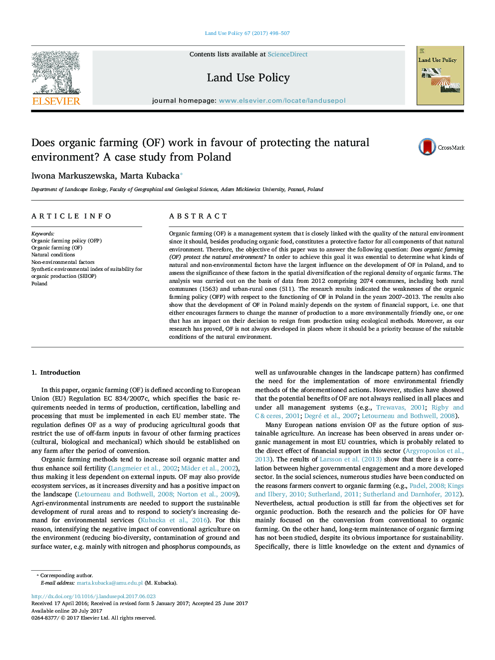 Does organic farming (OF) work in favour of protecting the natural environment? A case study from Poland