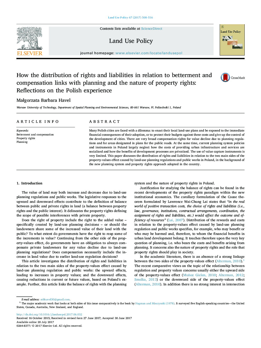 How the distribution of rights and liabilities in relation to betterment and compensation links with planning and the nature of property rights: Reflections on the Polish experience
