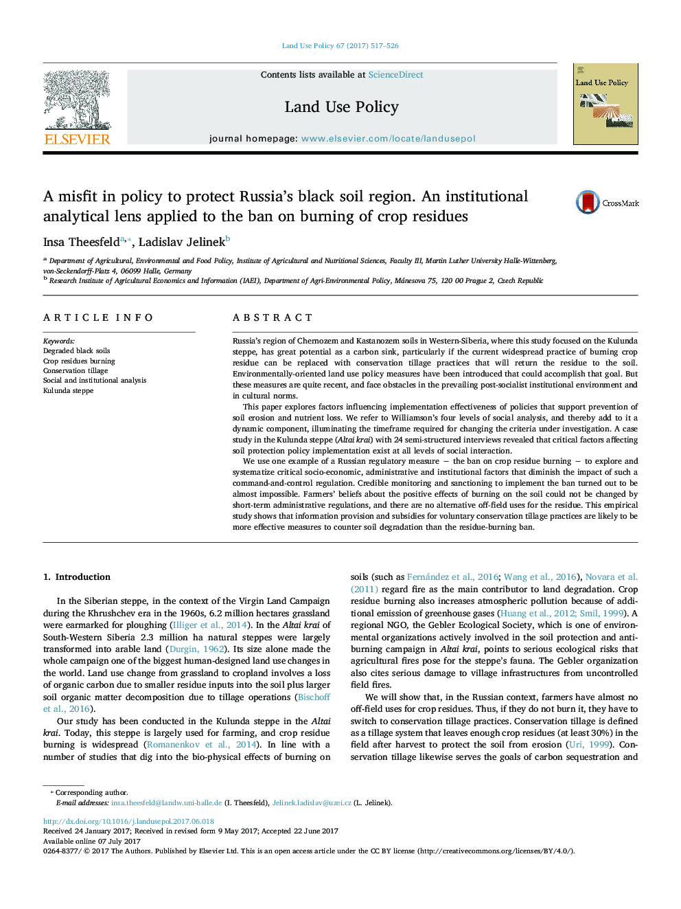 A misfit in policy to protect Russia's black soil region. An institutional analytical lens applied to the ban on burning of crop residues