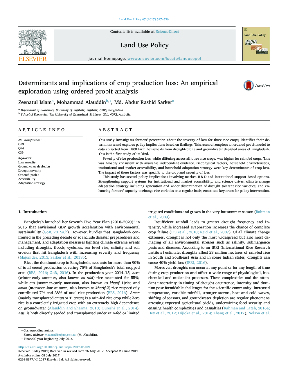 Determinants and implications of crop production loss: An empirical exploration using ordered probit analysis